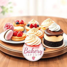A beautifully arranged display of assorted delicious desserts, including colorful macarons, vibrant fruit tarts, creamy cupcakes with swirls of frosting, and a chocolate mousse cake, set on an elegant wooden table