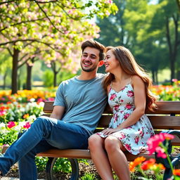 A cozy scene of a young man sitting on a park bench with a beautiful girl beside him, both smiling and engaged in a friendly conversation