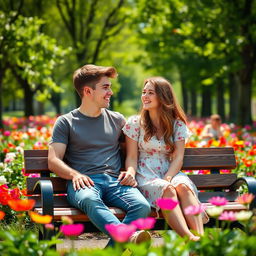 A cozy scene of a young man sitting on a park bench with a beautiful girl beside him, both smiling and engaged in a friendly conversation