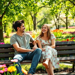 A cozy scene of a young man sitting on a park bench with a beautiful girl beside him, both smiling and engaged in a friendly conversation