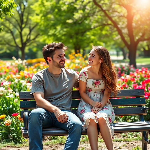 A cozy scene of a young man sitting on a park bench with a beautiful girl beside him, both smiling and engaged in a friendly conversation