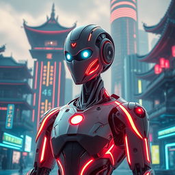 An advanced humanoid robot with an elegant design, illuminated with neon lights, standing in front of a futuristic urban landscape featuring Asian architecture