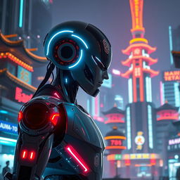 An advanced humanoid robot with an elegant design, illuminated with neon lights, standing in front of a futuristic urban landscape featuring Asian architecture