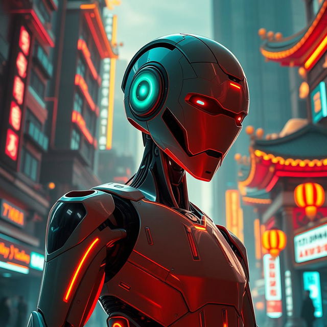 An advanced humanoid robot with an elegant design, illuminated with neon lights, standing in front of a futuristic urban landscape featuring Asian architecture