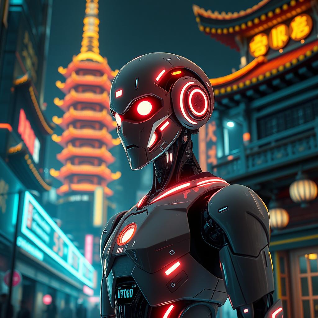 An advanced humanoid robot with an elegant design, illuminated with neon lights, standing in front of a futuristic urban landscape featuring Asian architecture