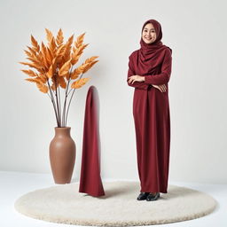 A hyper-realistic full body photograph showcasing a 25-year-old young woman wearing a hijab, smiling gently
