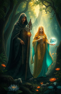 A mysterious and ethereal scene depicting SANG AKHIR (The Last) and SANG PENENGAH (The Middle) in a lush, enchanted forest