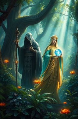 A mysterious and ethereal scene depicting SANG AKHIR (The Last) and SANG PENENGAH (The Middle) in a lush, enchanted forest