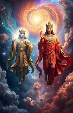 A celestial scene featuring two prominent cosmic figures representing the concepts of "Sang Akhir" and "Sang Penengah