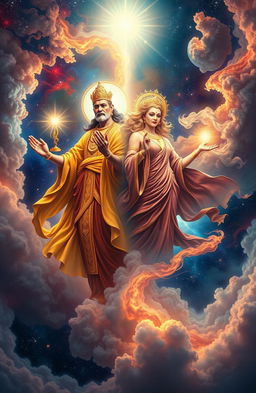 A celestial scene featuring two prominent cosmic figures representing the concepts of "Sang Akhir" and "Sang Penengah