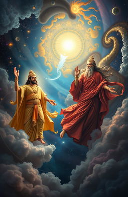 A celestial scene featuring two prominent cosmic figures representing the concepts of "Sang Akhir" and "Sang Penengah