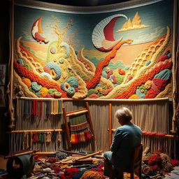 A magnificent tapestry in the making, showcasing both finished sections and areas still being woven