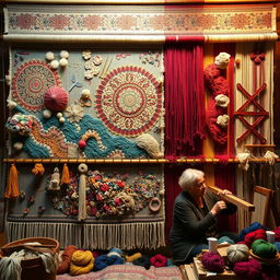 A magnificent tapestry in the making, showcasing both finished sections and areas still being woven