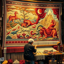 A magnificent tapestry in the making, showcasing both finished sections and areas still being woven