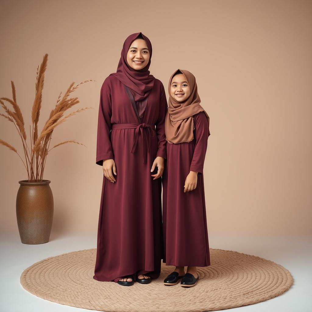A hyper-realistic full-body photo of a 20-year-old young woman wearing a hijab, smiling warmly