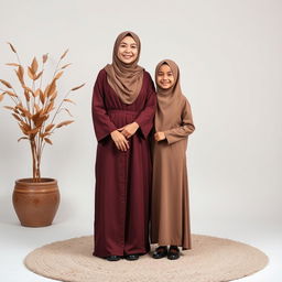 A hyper-realistic full-body photo of a 20-year-old young woman wearing a hijab, smiling warmly