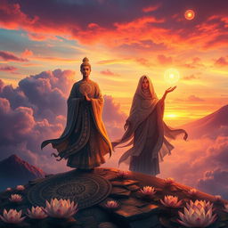 A mystical journey symbolizing the spiritual paths of 'Sang Akhir' and 'Sang Penengah', illustrating two figures representing ancient wisdom and enlightenment, standing on a surreal landscape