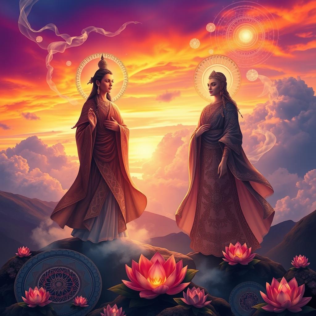 A mystical journey symbolizing the spiritual paths of 'Sang Akhir' and 'Sang Penengah', illustrating two figures representing ancient wisdom and enlightenment, standing on a surreal landscape