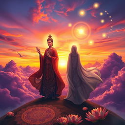 A mystical journey symbolizing the spiritual paths of 'Sang Akhir' and 'Sang Penengah', illustrating two figures representing ancient wisdom and enlightenment, standing on a surreal landscape