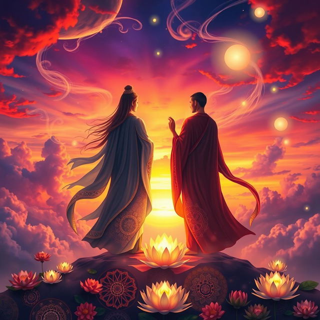 A mystical journey symbolizing the spiritual paths of 'Sang Akhir' and 'Sang Penengah', illustrating two figures representing ancient wisdom and enlightenment, standing on a surreal landscape