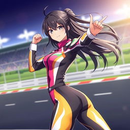 An anime girl striking a dynamic pose in a sleek racing suit, showcasing her athletic figure