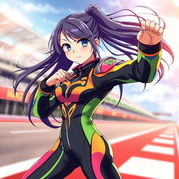 An anime girl striking a dynamic pose in a sleek racing suit, showcasing her athletic figure