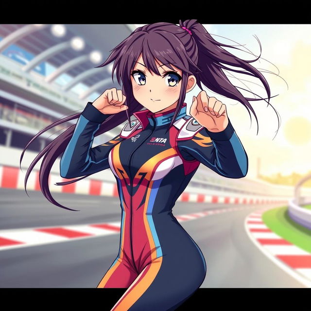 An anime girl striking a dynamic pose in a sleek racing suit, showcasing her athletic figure