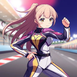 An anime girl striking a dynamic pose in a sleek racing suit, showcasing her athletic figure