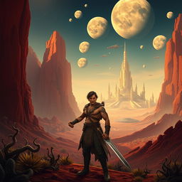 A breathtaking science fiction scene from 'John Carter 2', showcasing a vast Martian landscape with towering red cliffs and strange alien flora