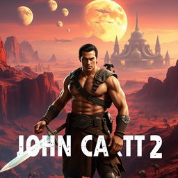 A breathtaking science fiction scene from 'John Carter 2', showcasing a vast Martian landscape with towering red cliffs and strange alien flora