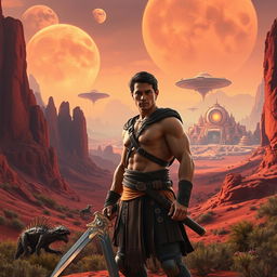 A breathtaking science fiction scene from 'John Carter 2', showcasing a vast Martian landscape with towering red cliffs and strange alien flora