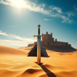 A stunning desert landscape featuring a sword embedded in the golden sand, glinting under the bright sunlight