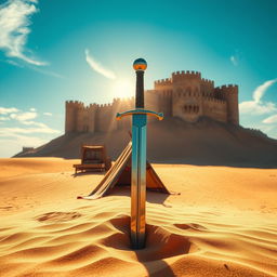 A stunning desert landscape featuring a sword embedded in the golden sand, glinting under the bright sunlight