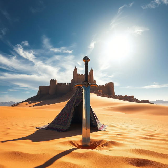 A stunning desert landscape featuring a sword embedded in the golden sand, glinting under the bright sunlight