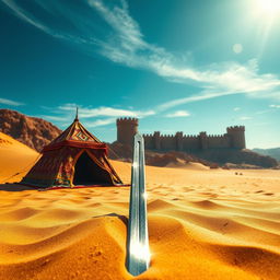 A stunning desert landscape featuring a sword embedded in the golden sand, glinting under the bright sunlight
