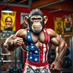 A muscular anthropomorphic monkey posing like a bodybuilder, wearing a red, white, and blue costume inspired by American flag designs