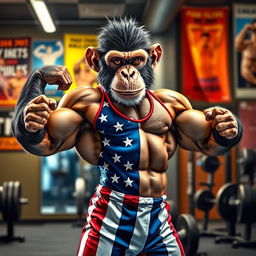 A muscular anthropomorphic monkey posing like a bodybuilder, wearing a red, white, and blue costume inspired by American flag designs