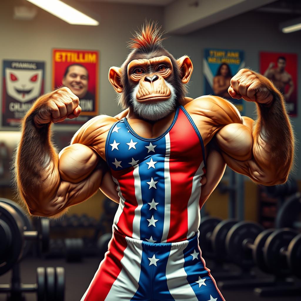 A muscular anthropomorphic monkey posing like a bodybuilder, wearing a red, white, and blue costume inspired by American flag designs
