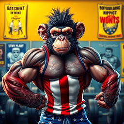 A muscular anthropomorphic monkey posing like a bodybuilder, wearing a red, white, and blue costume inspired by American flag designs