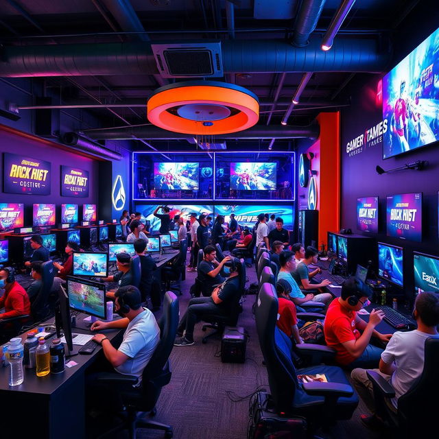 A vibrant gaming center filled with various gaming consoles, high-end PCs, large screen displays, and colorful LED lights