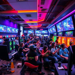 A vibrant gaming center filled with various gaming consoles, high-end PCs, large screen displays, and colorful LED lights
