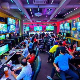 A vibrant gaming center filled with various gaming consoles, high-end PCs, large screen displays, and colorful LED lights