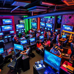 A vibrant gaming center filled with various gaming consoles, high-end PCs, large screen displays, and colorful LED lights