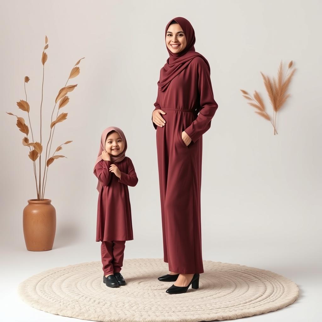 A hyper-realistic full body photo of a 20-year-old young woman wearing a hijab, smiling, dressed in a long maroon-colored robe