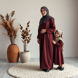 A hyper-realistic full body photo of a 20-year-old young woman wearing a hijab, smiling, dressed in a long maroon-colored robe