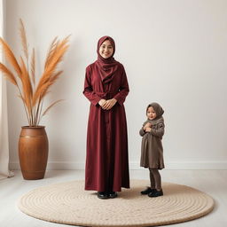 A hyper-realistic full body photo of a 20-year-old young woman wearing a hijab, smiling, dressed in a long maroon-colored robe