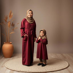 A hyper-realistic full body photo of a 20-year-old young woman wearing a hijab, smiling, dressed in a long maroon-colored robe