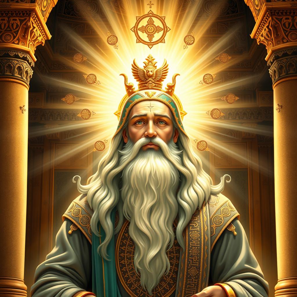 A majestic representation of Ahura Mazda, the Zoroastrian god, depicted in a divine and luminous manner