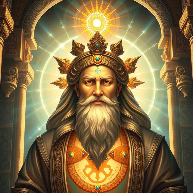 A majestic representation of Ahura Mazda, the Zoroastrian god, depicted in a divine and luminous manner