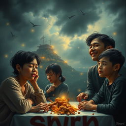 An artistic representation of existential themes, depicting various individuals in contrasting emotional states